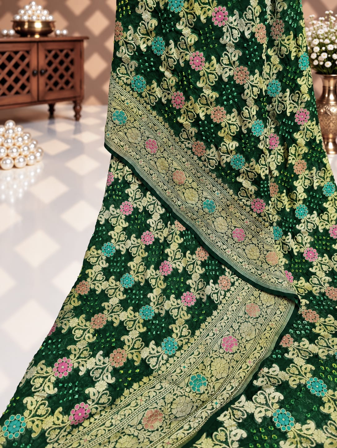 KcPc Originals Pure Meenakari Khaddi Georgette Upada Janglaw Bandhani Neemzari Saree Green