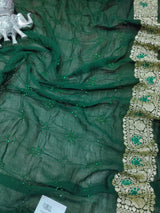 KcPc Originals Pure Meenakari Khaddi Georgette Upada Janglaw Bandhani Neemzari Saree Green
