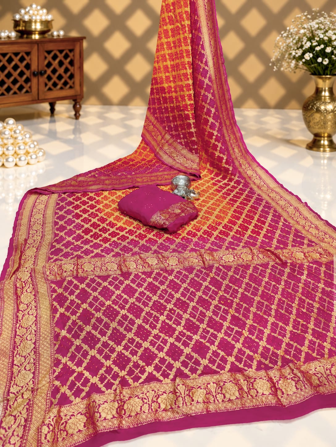 KcPc New Launch Pure Khaddi Georgette Upada Neemzari Bandhej SareeOrange Pink