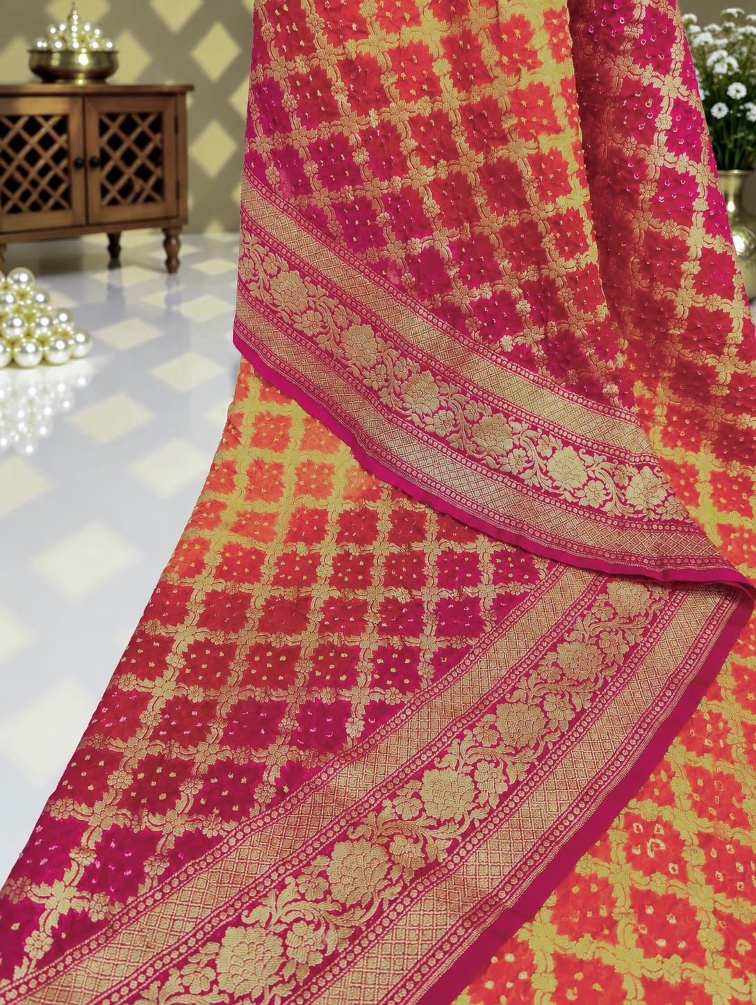 KcPc New Launch Pure Khaddi Georgette Upada Neemzari Bandhej SareeOrange Pink