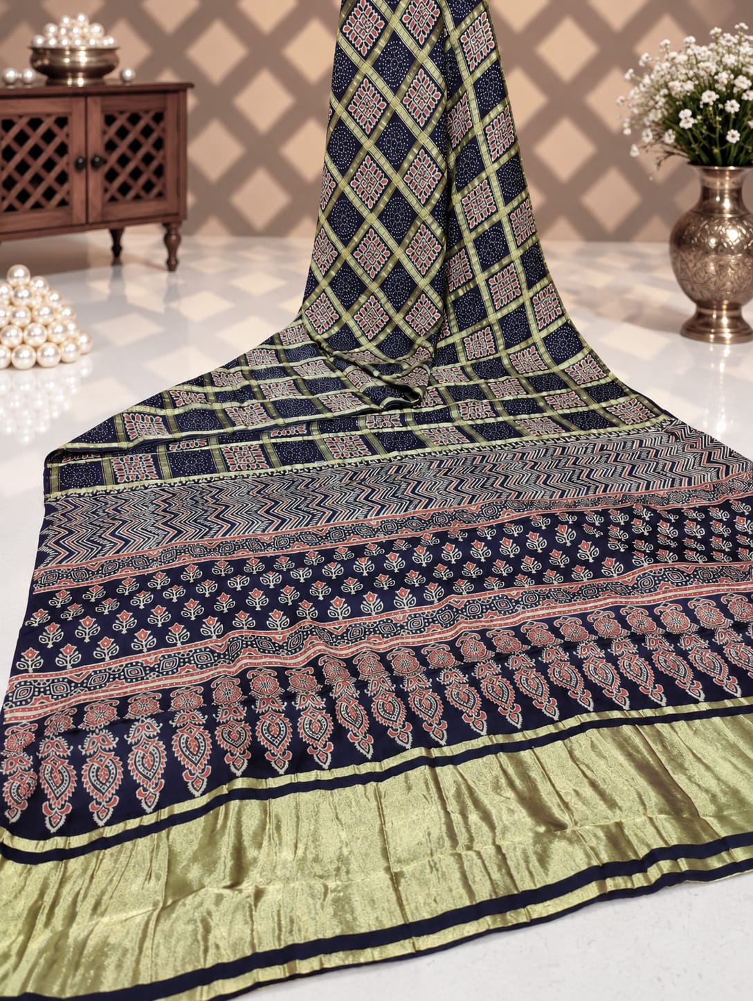 KcPc Pure Gaji Modal Silk Ajrakh Print Ghatchola crafted by kutch bhuj karigars sareeRBW
