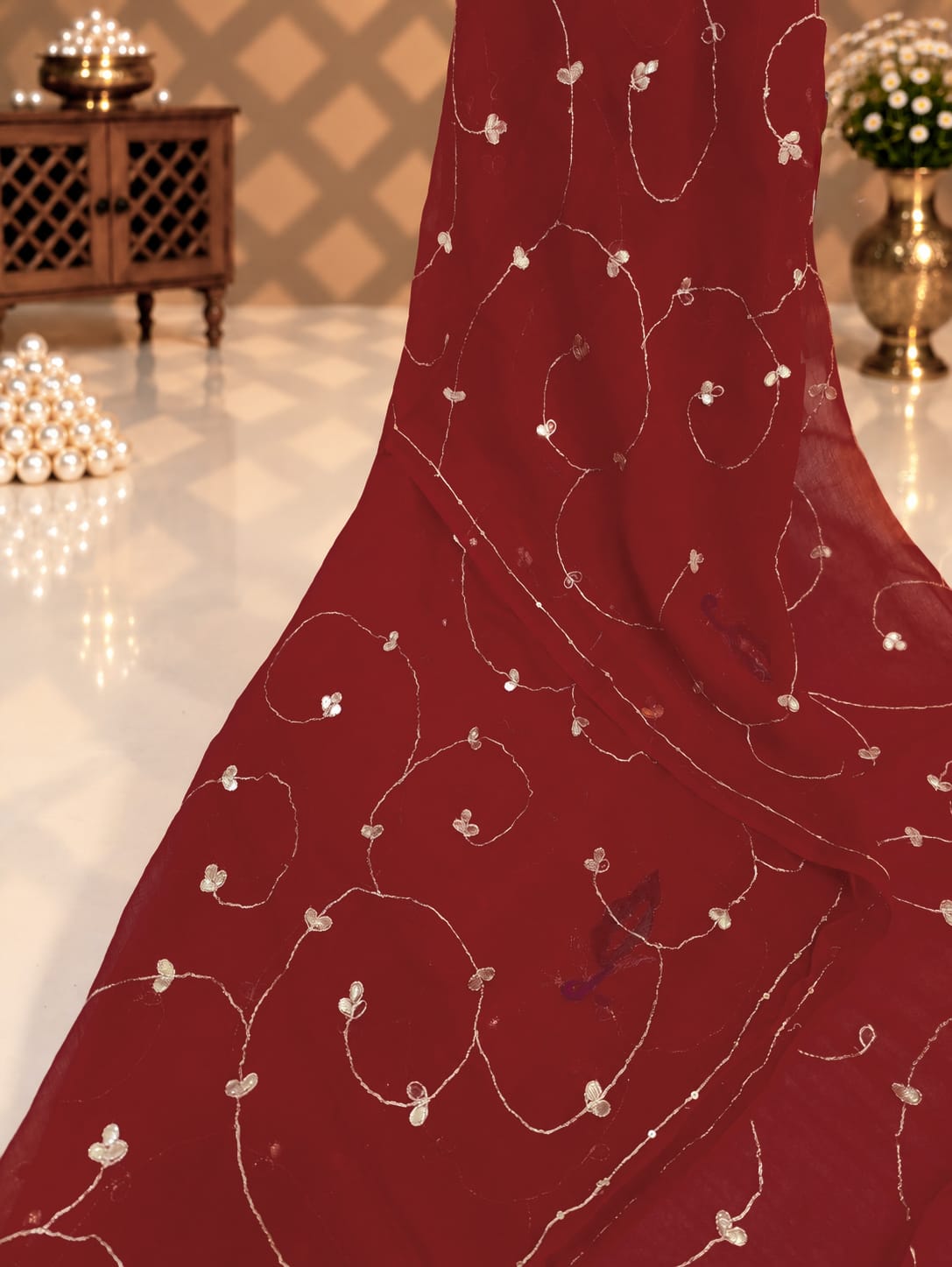KcPc Pure Diamond Chiffon Mukes Work Rajputi Traditional Saree VND Red