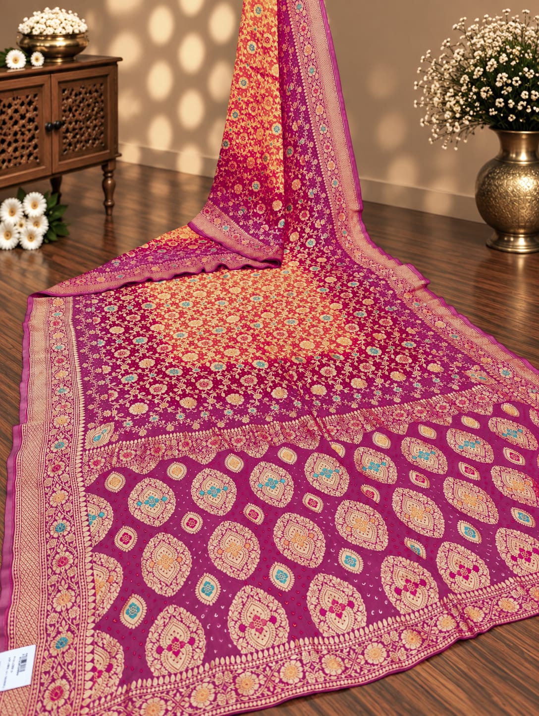 KcPc Originals Pure Meenakari Khaddi Georgette Upada Janglaw Bandhani Neemzari Saree Orange Rani