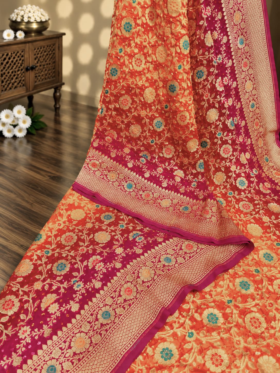 KcPc Originals Pure Meenakari Khaddi Georgette Upada Janglaw Bandhani Neemzari Saree Orange Rani