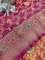 KcPc Originals Pure Meenakari Khaddi Georgette Upada Janglaw Bandhani Neemzari Saree Orange Rani