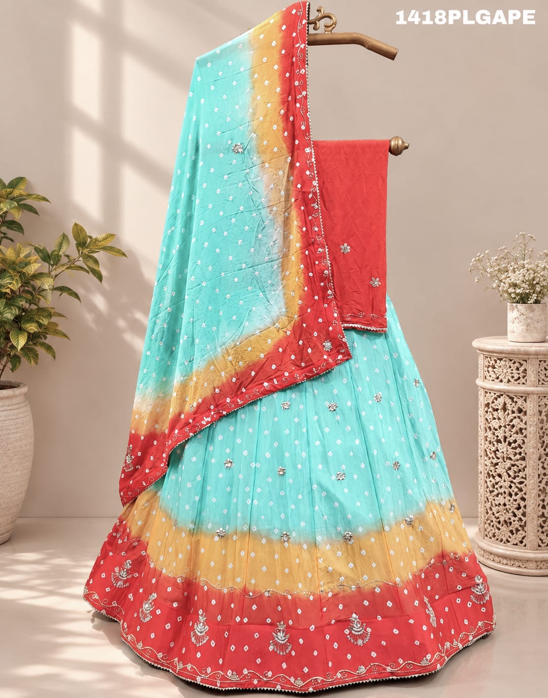 KcPc New Multi Shade Bandhani Cutdana Work LehengaGSM