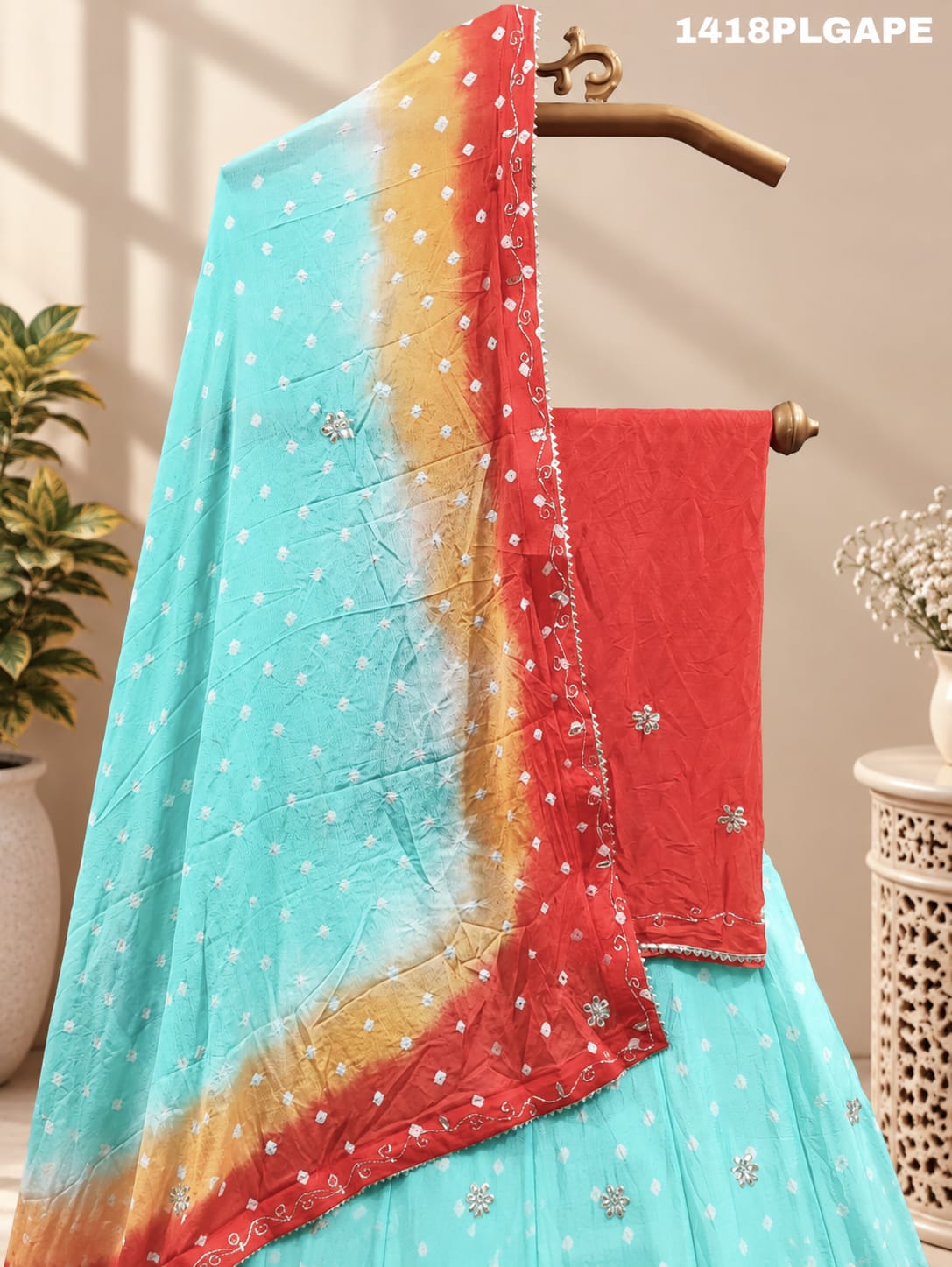 KcPc New Multi Shade Bandhani Cutdana Work LehengaGSM