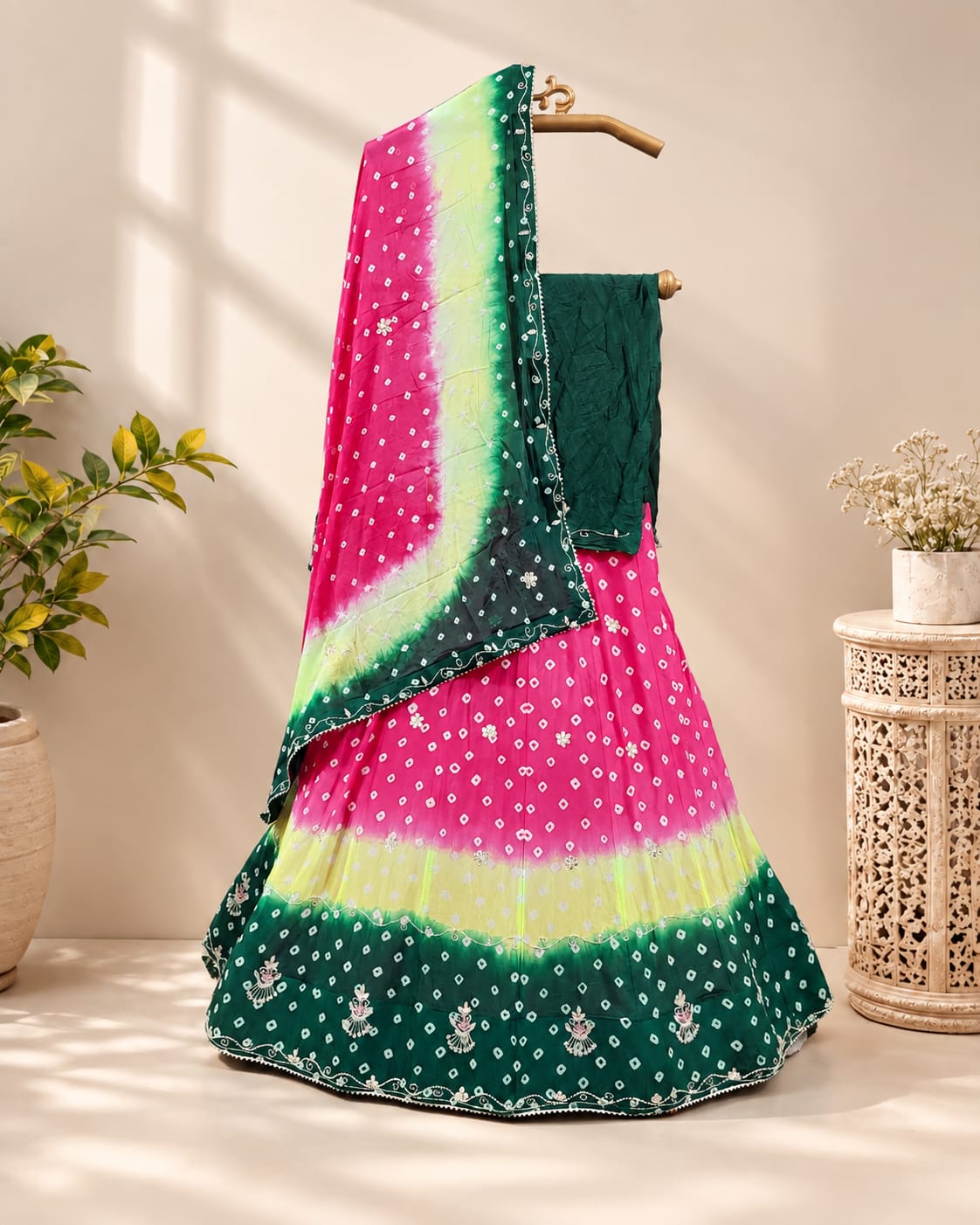 KcPc New Multi Shade Bandhani Cutdana Work LehengaGSM