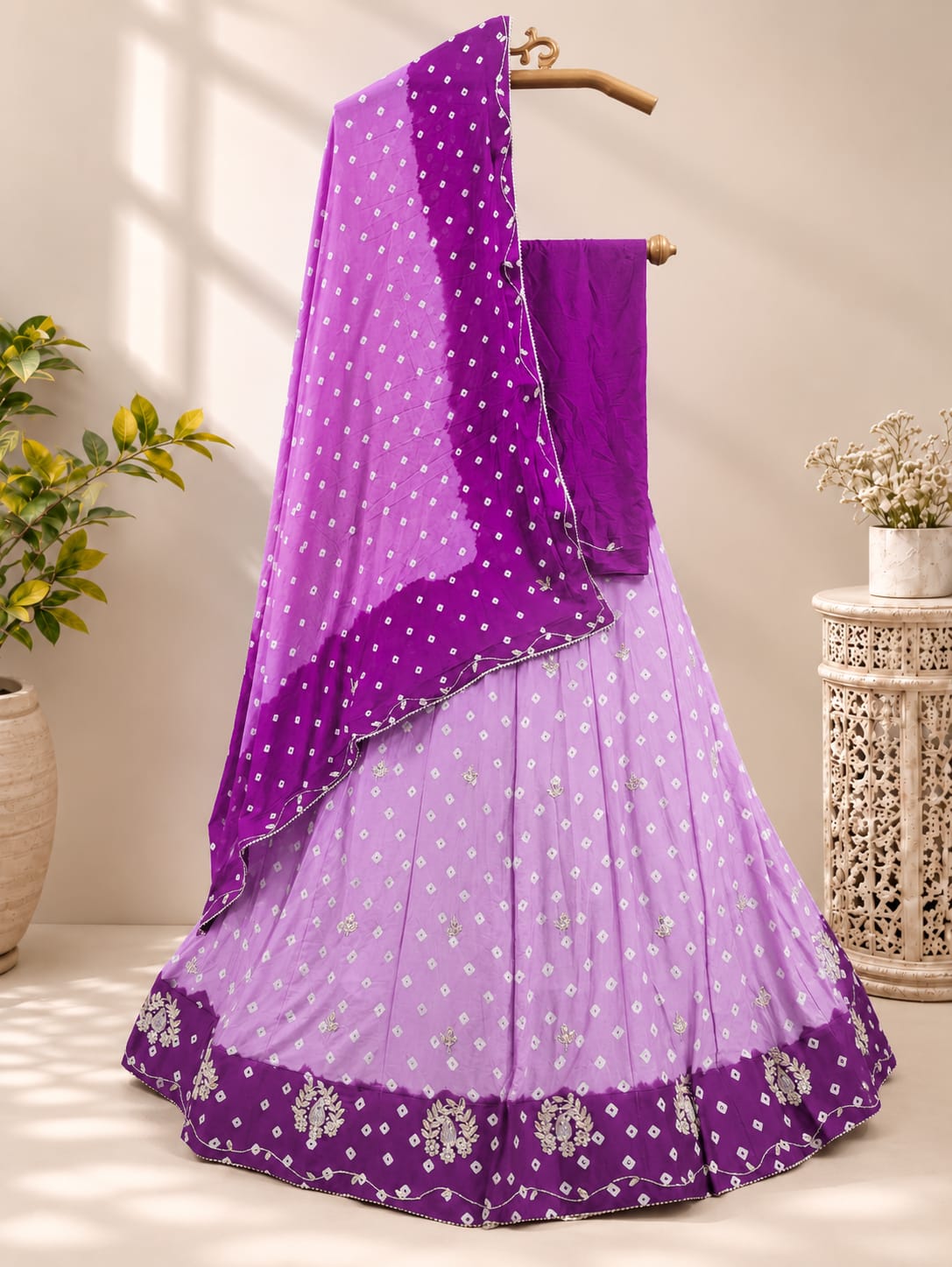 KcPc New Chinon Double Shade Bandhani Cutdana work LehengaRAJ