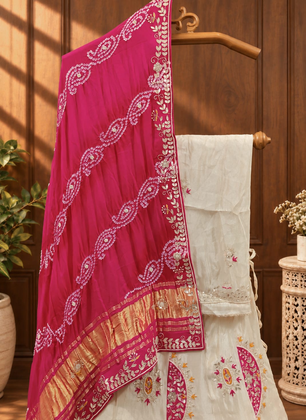 KcPc New Traditional Tissue Silk Bandhani Lehenga Gota Patti Detailing Festive Wear MAD