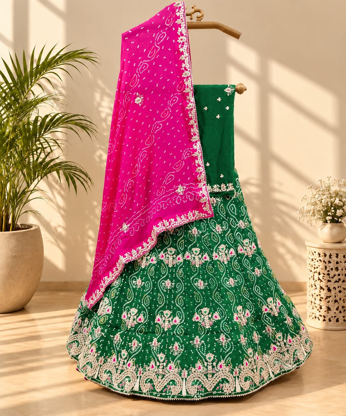 KcPc Latest Pure Rai Bandhej Zardozi Gotapatti Work Lehenga Green RaniBTU