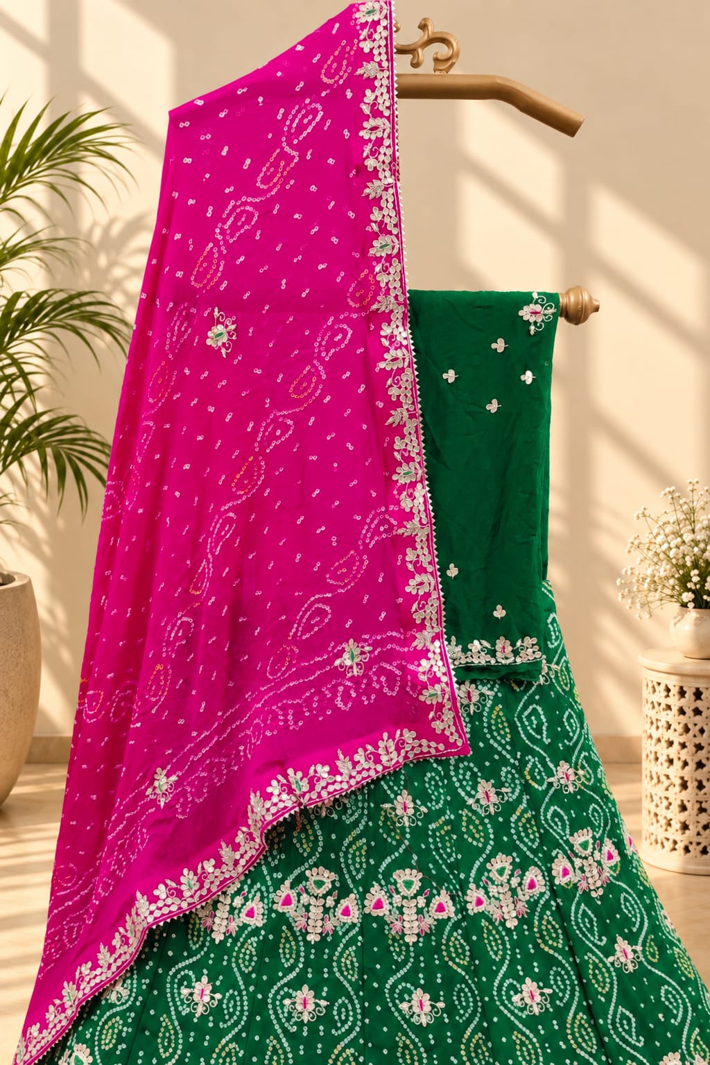 KcPc Latest Pure Rai Bandhej Zardozi Gotapatti Work Lehenga Green RaniBTU