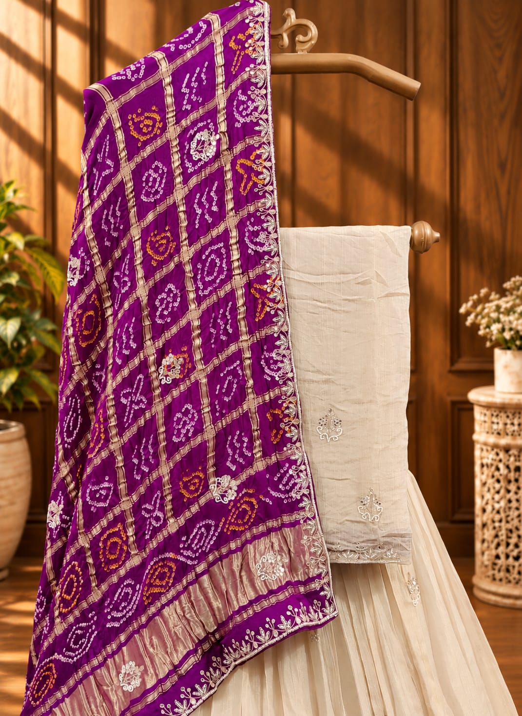 KcPc Beautiful Pure Upada silk Lehenga with Gaji silk Bandhani Dupatta Set MAD