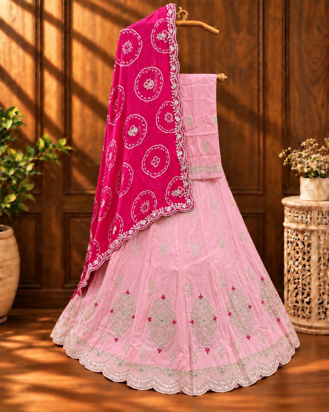 KcPc Pure upada Silk Pure Bandhani Dupatta Cutdana Gota patti work Lehenga MAD