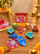Traditional Diwali Pooja Set with Framed Divine Poster, Lakshmi Ganesha & Kundan Rangoli