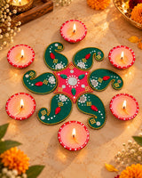 Traditional Handcrafted Diwali Rangoli Set with Kundan Work, Mirror Detailing & Terracotta Diyas