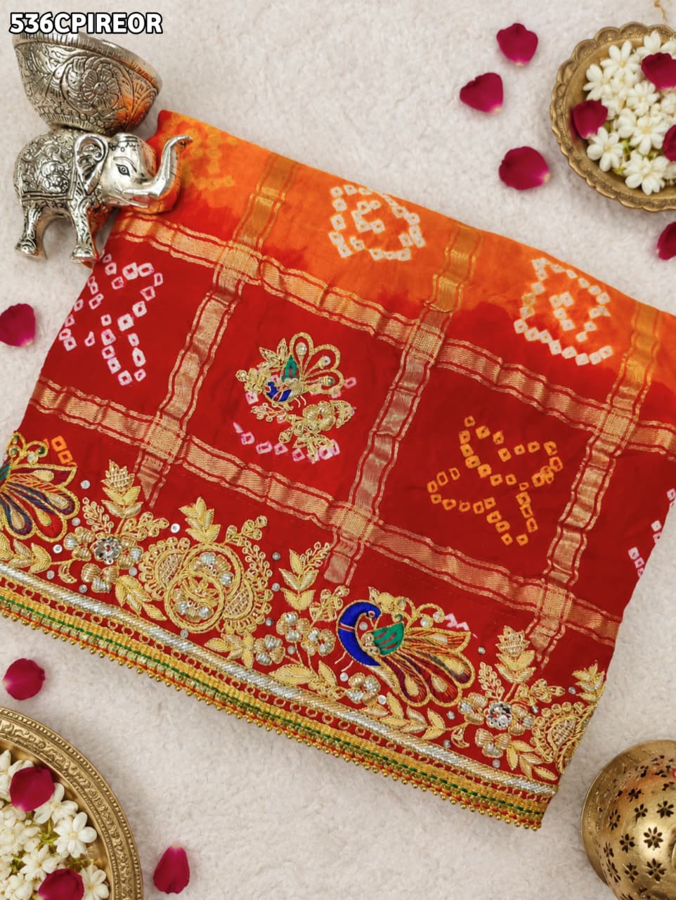 KcPc Pure Gaji Silk Bandhani Ghatchola Chunri Pila Odhna in Aara Tari Handwork Pila (Red Orange)