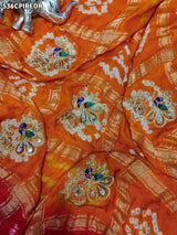 KcPc Pure Gaji Silk Bandhani Ghatchola Chunri Pila Odhna in Aara Tari Handwork Pila (Red Orange)