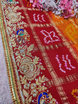 KcPc Pure Gaji Silk Bandhani Ghatchola Chunri Pila Odhna in Aara Tari Handwork Pila (Red Orange)