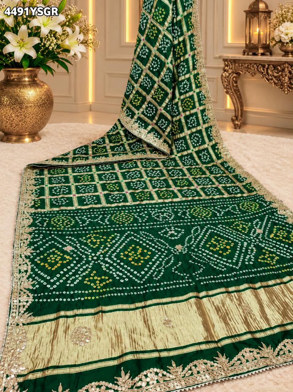 KcPc Traditional Royal Gaji Silk Bandhani Saree with Elegant Gotapatti Work