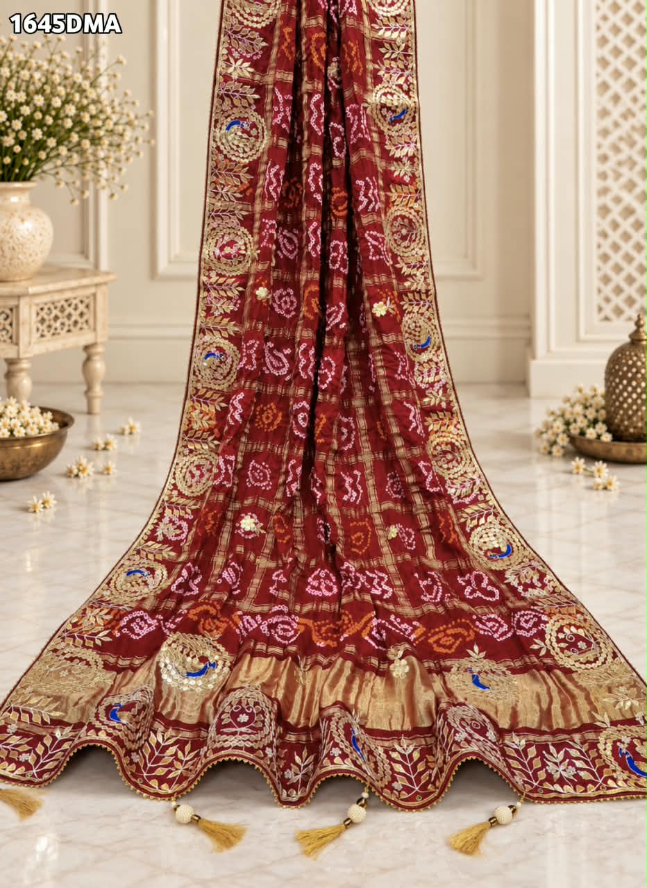 New Pure Gaji Silk Handmade Bandhej Gotapatti Work Jaipuri Dupatta 1