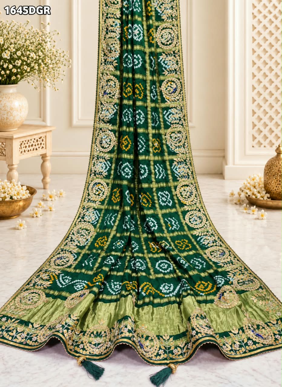Latest Pure Gaji Silk Handmade Bandhej Gotapatti Work Jaipuri Dupatta 1