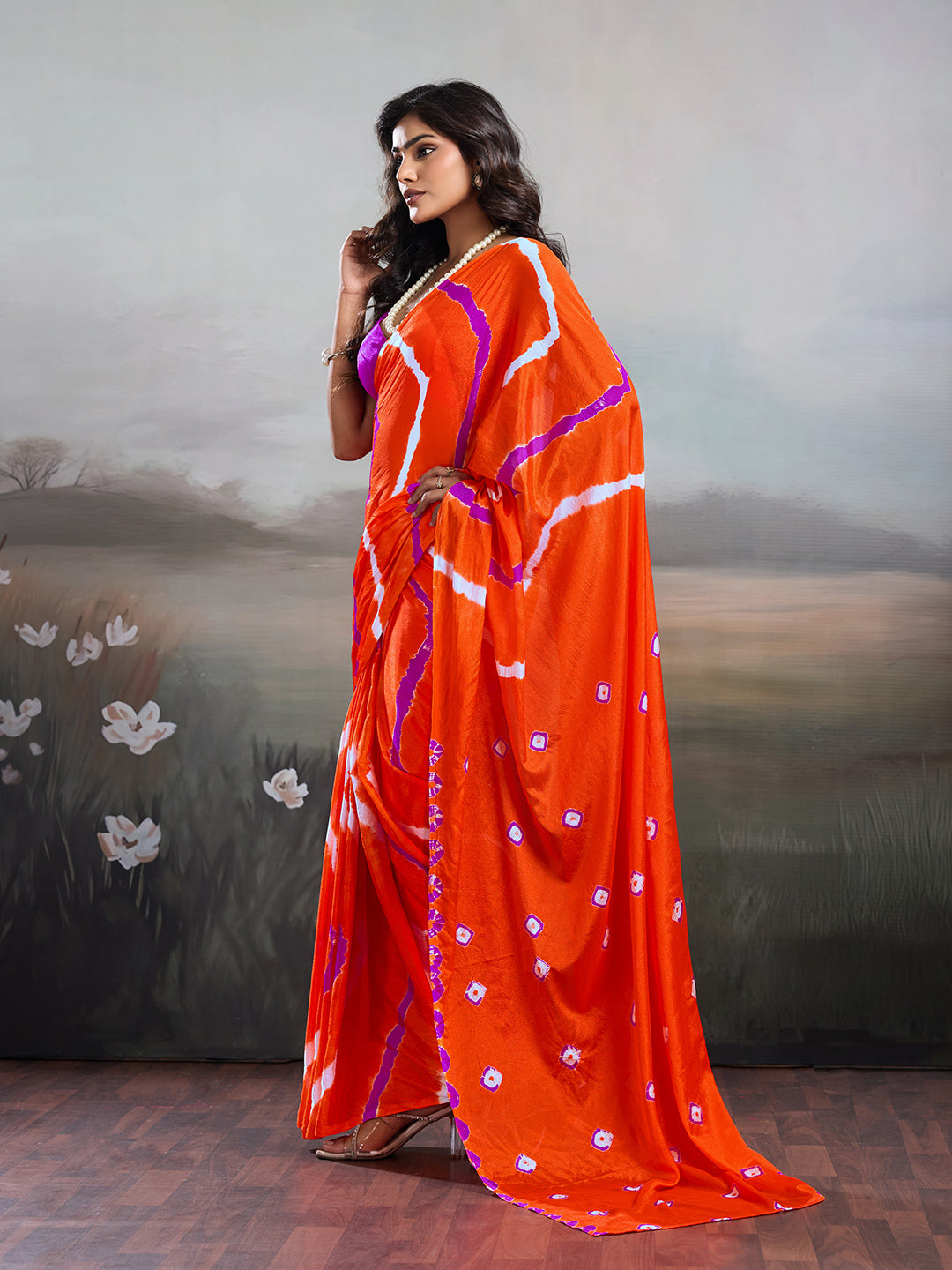 Jaipuri Traditional ChinonBandhani Saree with lehariya style under 1000