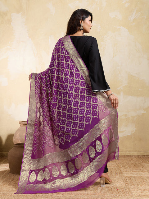 KcPc Pure Georgette Banarasi Bandhani Dupatta Purple