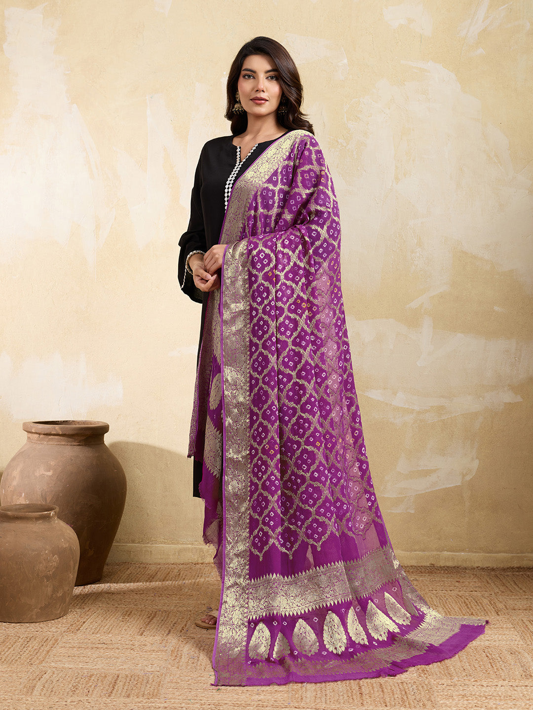 KcPc Pure Georgette Banarasi Bandhani Dupatta Purple