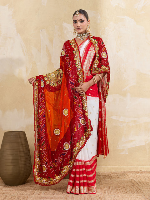 KcPc Pure Georgette Rajasthani Chunri Dupattas  Red Orange pila  AJM