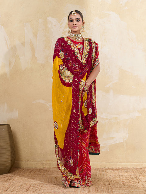 KcPc Pure Georgette Rajasthani Chunri Dupattas  Red Lemon Pomcha  AJM