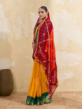 KcPc Pure Georgette Handmade Bandhej With Zari Thread Work Rajasthani Chunri (Piliya)