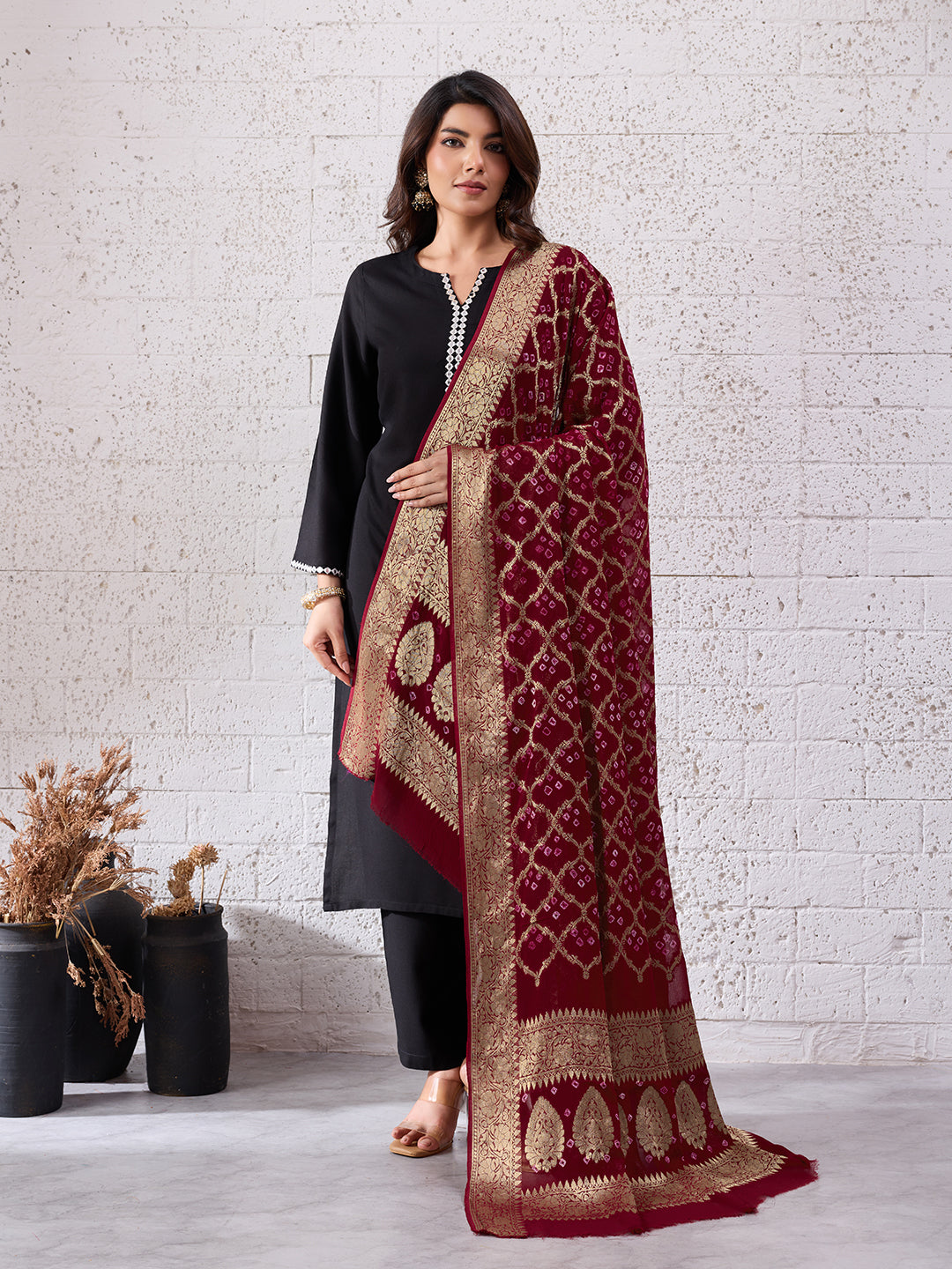 KcPc Pure Georgette Banarasi Bandhani Dupatta Mehroon