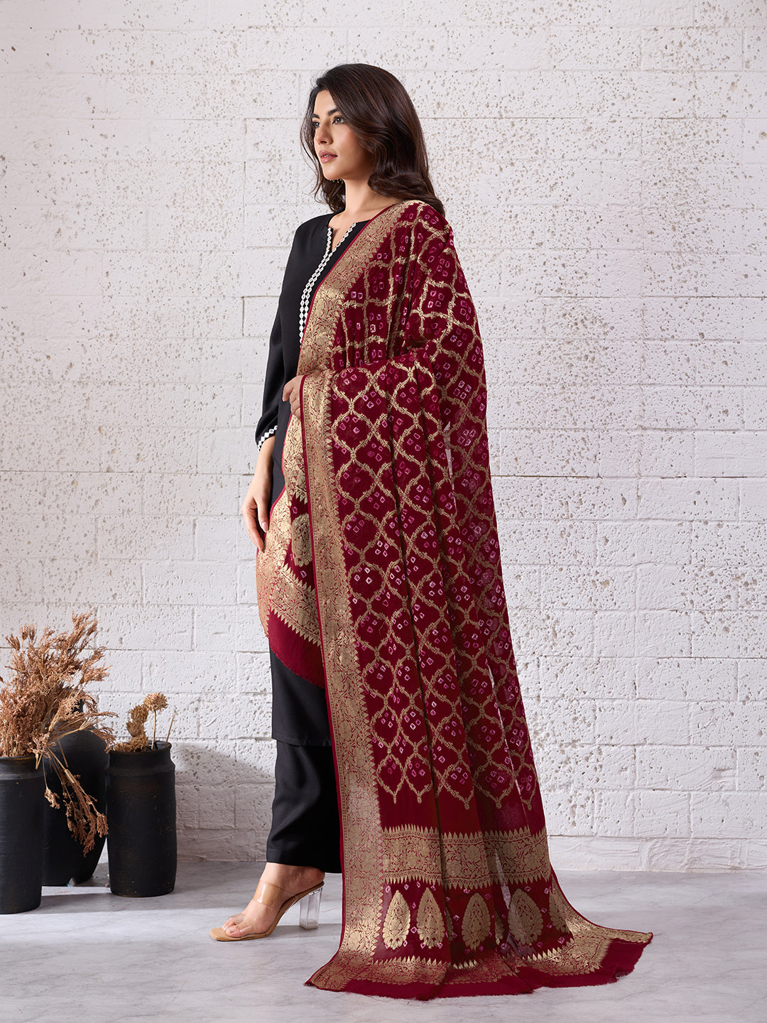 KcPc Pure Georgette Banarasi Bandhani Dupatta Mehroon
