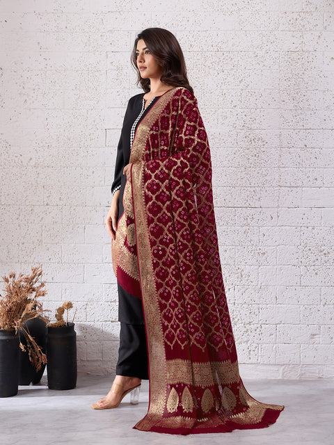KcPc Pure Georgette Banarasi Bandhani Dupatta Mehroon