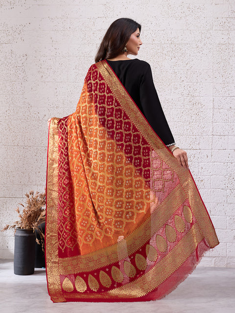 KcPc Pure Georgette Banarasi Bandhani Dupatta Red Orange