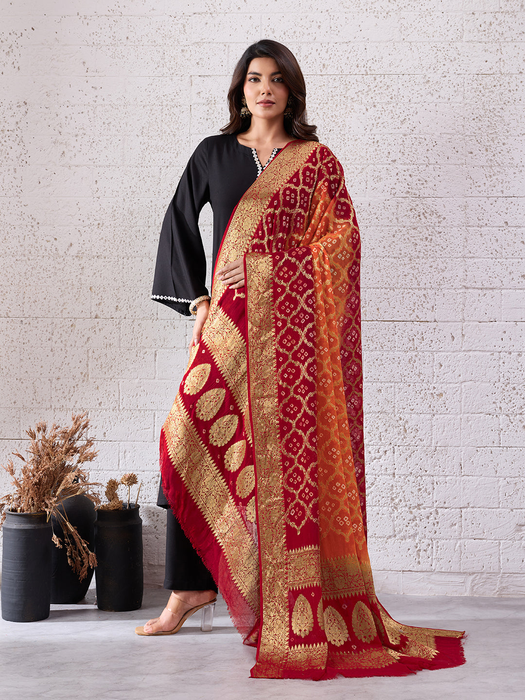 KcPc Pure Georgette Banarasi Bandhani Dupatta Red Orange