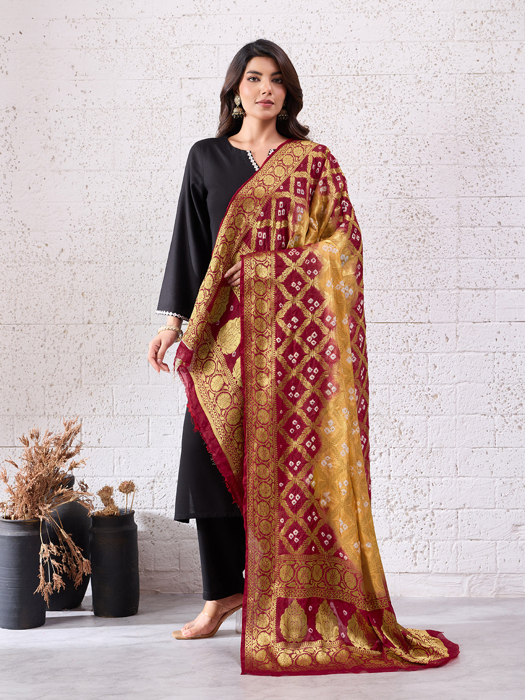 KcPc Banarasi Bandhej Gharchola Dupattas, OR, KC Gold RedKcPc Special Silk Bandhani Dupatta with Handmade WorkSA