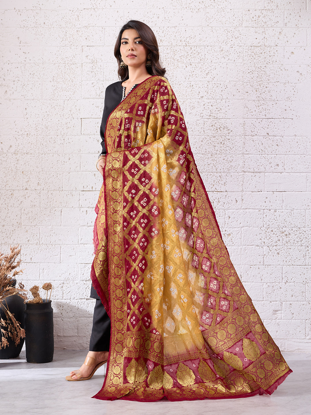 KcPc Banarasi Bandhej Gharchola Dupattas, OR, KC Gold RedKcPc Special Silk Bandhani Dupatta with Handmade WorkSA