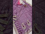 A purple Banarsi silk Bollywood style saree with sequence and gotapatti work, showing detailed patterns and embroidery.