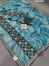 Ablue banarsi handloom bandhani saree with zari thread border and gota patti work, 