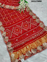  Gaji Silk Bandhani Gharchola Gotapatti Work Saree in red colour for weddings 
