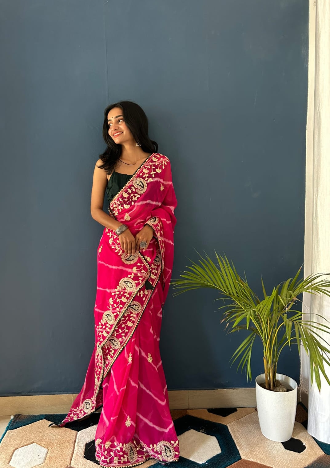 Shop Pure Georgette Leheriya Saree with Embroidery Gota Patti