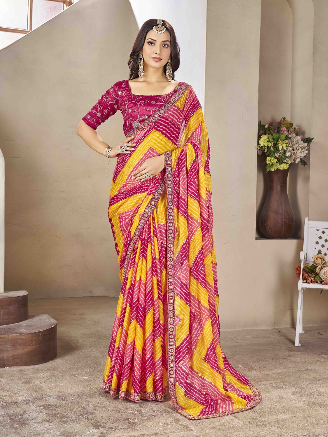 KcPc New Chiffon Zig Zag Foil Print Bandhani saree STR
