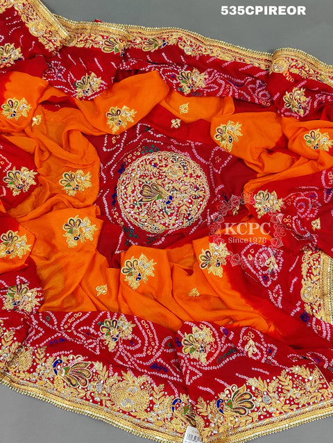 KcPc Pure Ojariya Handwork Zardoji Kolkata Special Marwari Chunri Odhna Pila (Red orange)