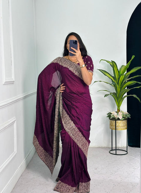 KcPc Latest Heavy Blooming Vichitra Silk Embroidery Saree HM Purple