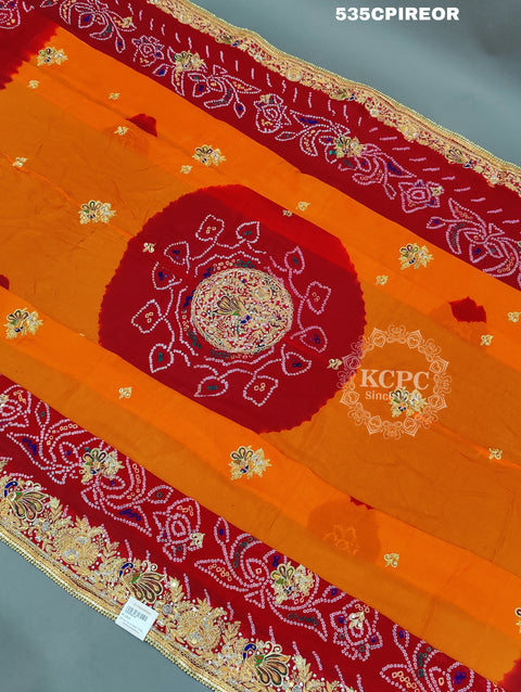 KcPc Pure Ojariya Handwork Zardoji Kolkata Special Marwari Chunri Odhna Pila (Red orange)