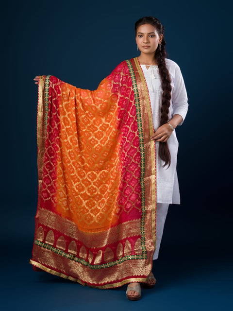 KcPc Pure Georgette Banarasi Ghatchola Bandhani Dupatta Pila