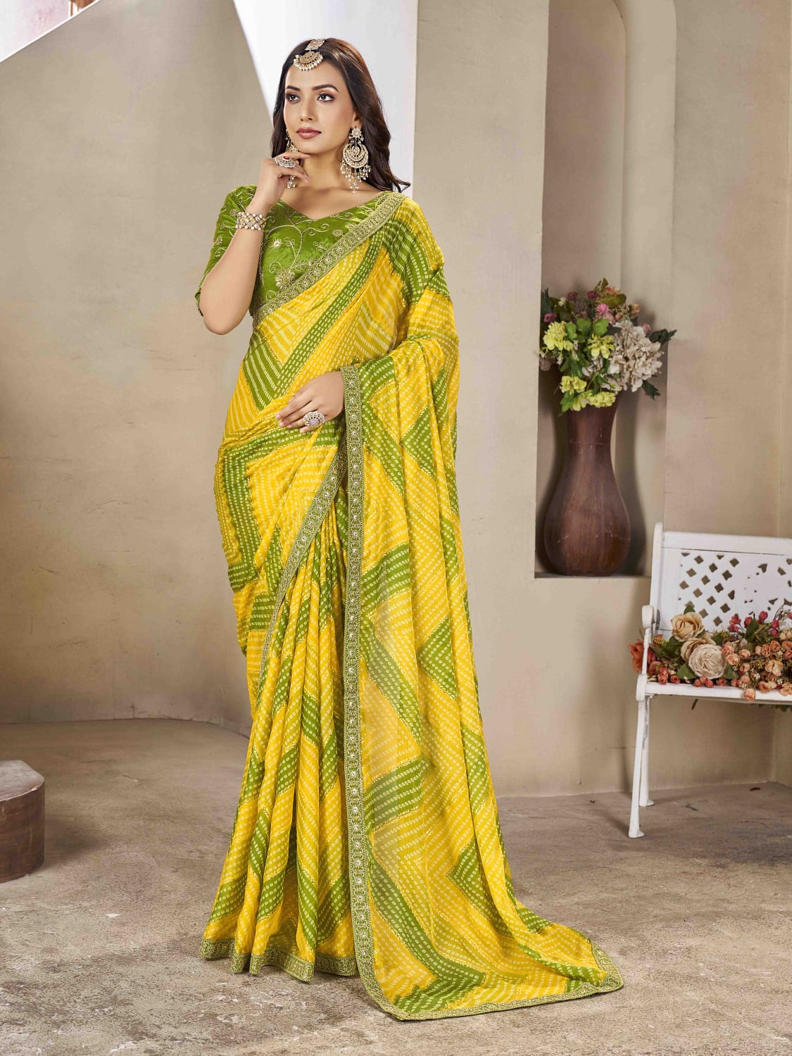 Chiffon Zig Zag foil print bandhani saree in yellow colour