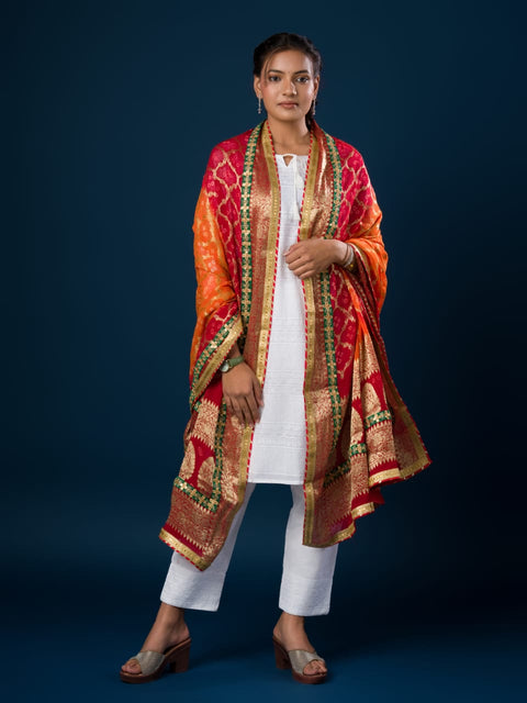KcPc Pure Georgette Banarasi Ghatchola Bandhani Dupatta Pila